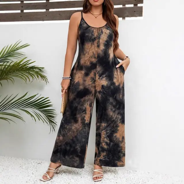 Women's Sleeveless Printed Contrast Strap Fashion Jumpsuit Black - Shop at LoveMi