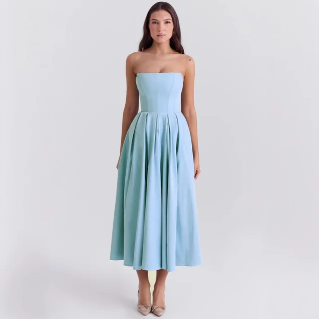 Summer Outfit High end Fishbone Bustier Pure Desire Style Hot Girl Bodycon Backless Midi Dress Blue - Shop at LoveMi