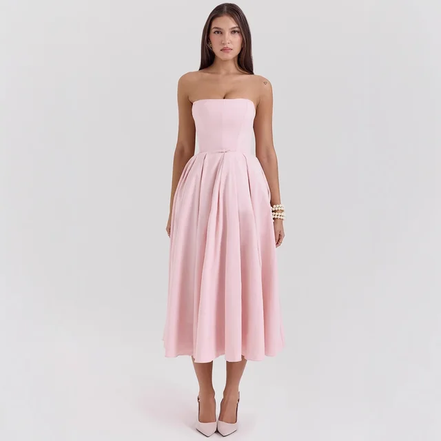 Summer Outfit High end Fishbone Bustier Pure Desire Style Bodycon Backless Midi Dress Pink - Shop at LoveMi