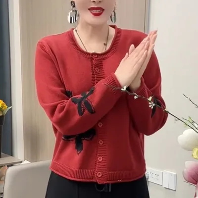 Stylish Knit Winter Fashion Lazy Retro Floral Round Neck Cotton Top Red - Shop at LoveMi