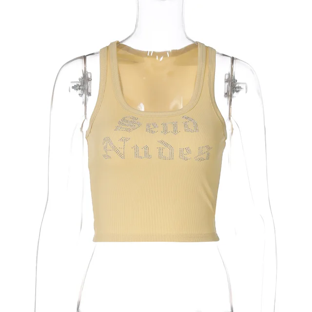 Fashion Casual Letter Rhinestone Short Vest For Women Yellow - Shop at LoveMi