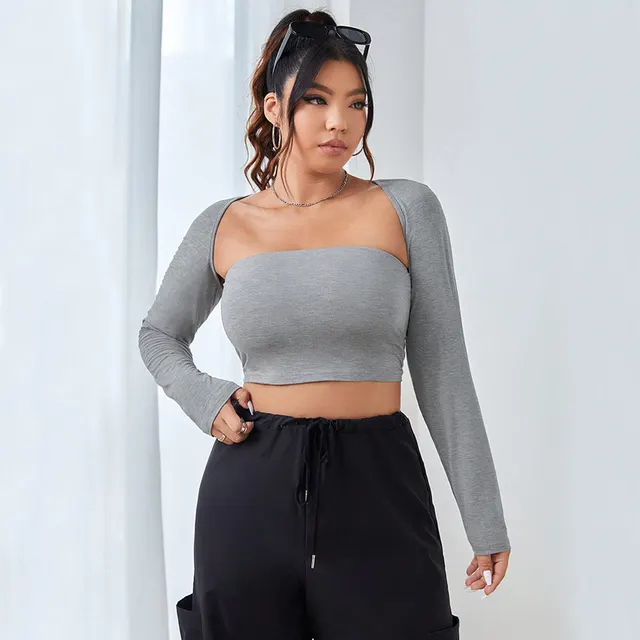 Women's Fashionable Street Photography Versatile Slim Fit Long Sleeve Top Gray - Shop at LoveMi