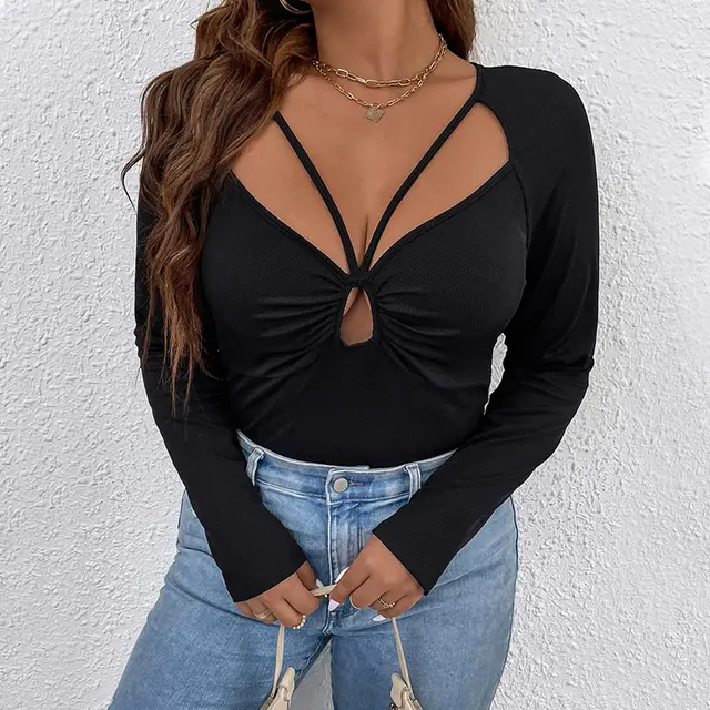 Women's Knitted Tie Detail Fold Hollow Out Long Sleeve Sexy Elegant Top Black - Shop at LoveMi