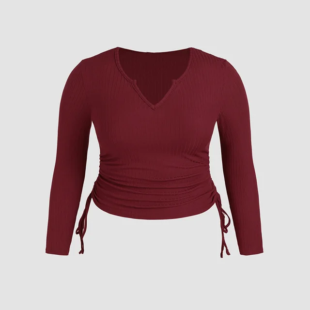 Lady V neck Drawstring Slim Long Sleeve Crop Top Wine Red - Shop at LoveMi