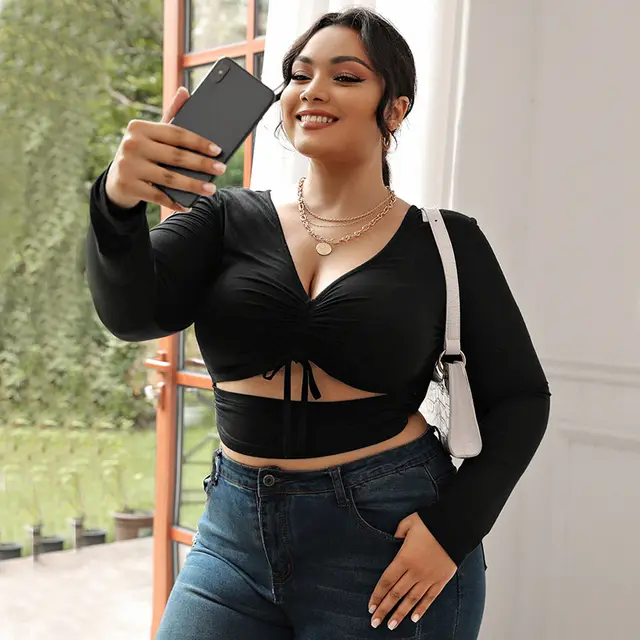 Women's Sexy V neck High end Black Long sleeved Slim fit Short Top Black - Shop at LoveMi