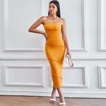 Sexy Strapless Solid Color Bodycon Beach Dress - Orange - View 1