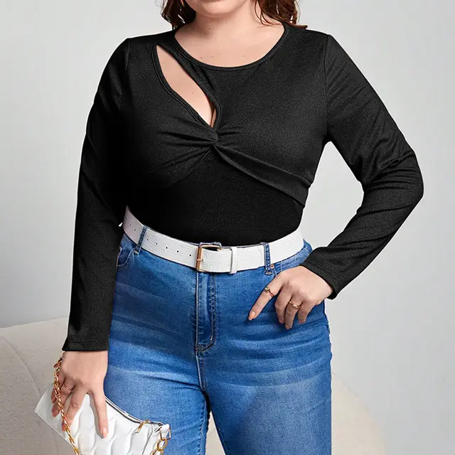 Women's Slim fit Solid Color Long sleeved Top With Delicate Sexy Hollow out Design Black - Shop at LoveMi