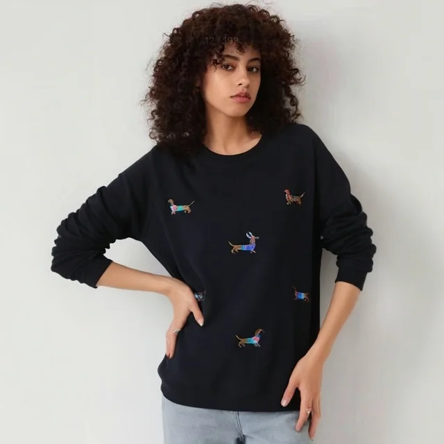 Embroidered Dachshund Dog Loose Fit Oversized Round Neck Pullover Fleece Sweatshirt Navy Blue Embroidered Dog - Shop at LoveMi