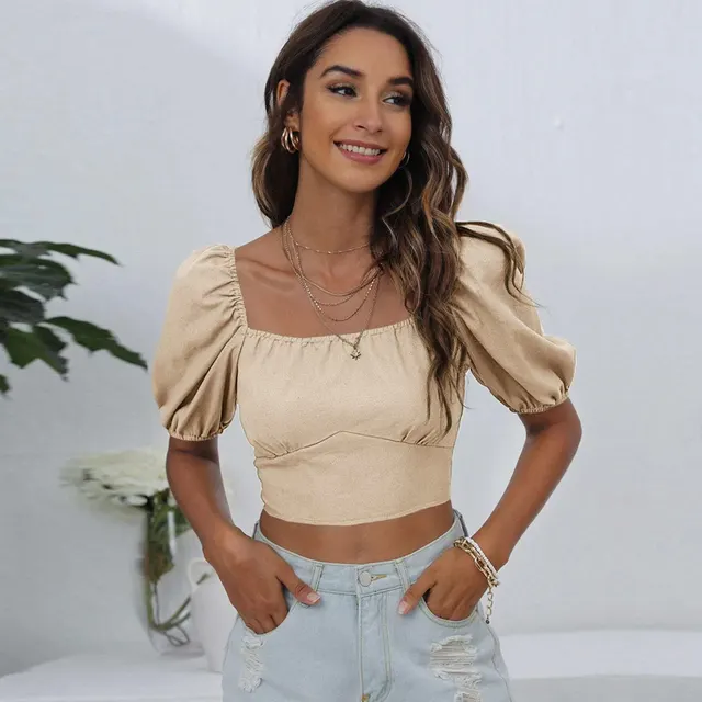 Square Neck Lantern Sleeve Solid Color Backless Tie T shirt Khaki - Shop at LoveMi