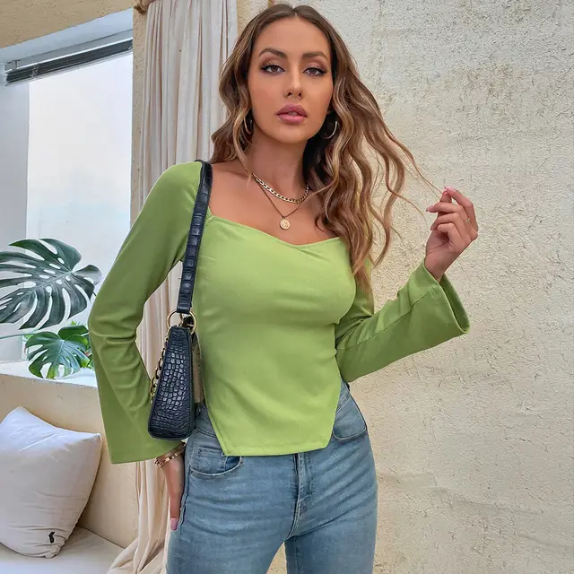 Women's Elegant Commuting Slim fit Irregular Flared Sleeve Short Long sleeved Top Green - Shop at LoveMi