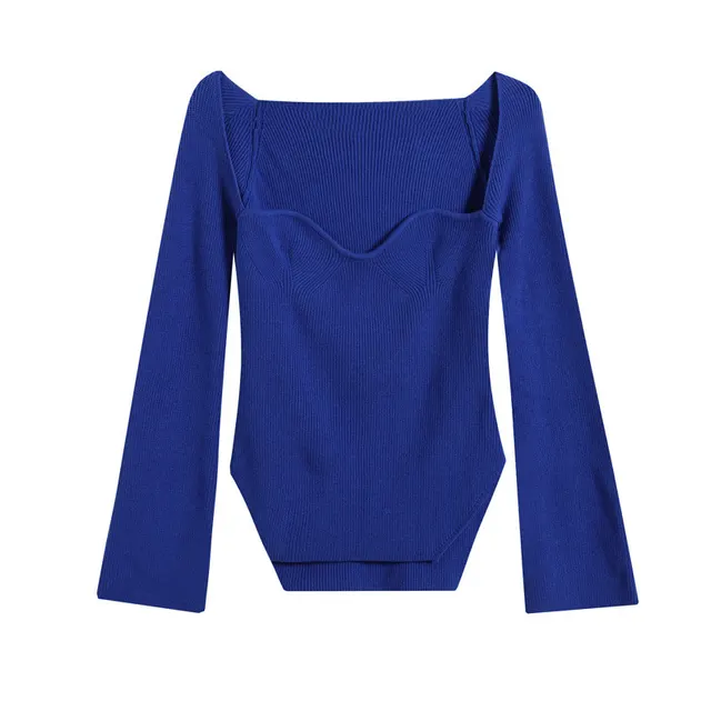 Stretchy Off shoulder Base Layer Knit Sweater Women's Top Sapphire Blue - Shop at LoveMi