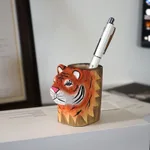 Practical Gift Ornament Pen Holder Desk Linden Wood Carving Decoration - Tiger