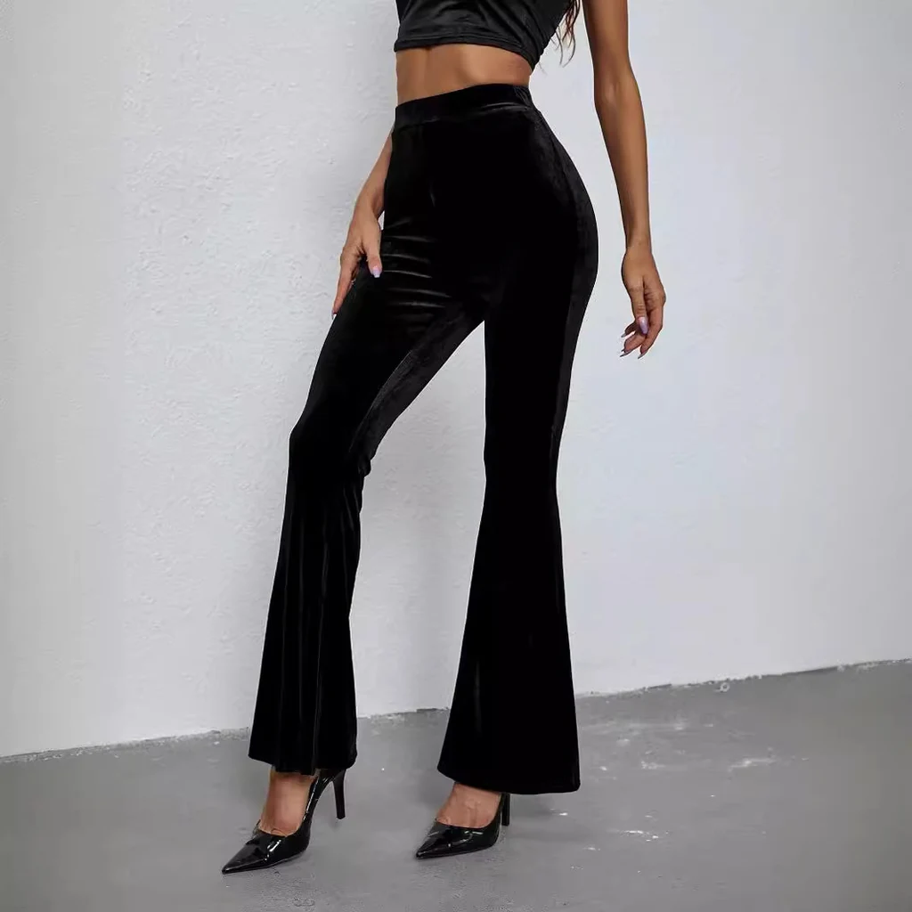Women's Fashion Sexy Slim Solid Color High-Waist Velvet Flared Pants - Black
