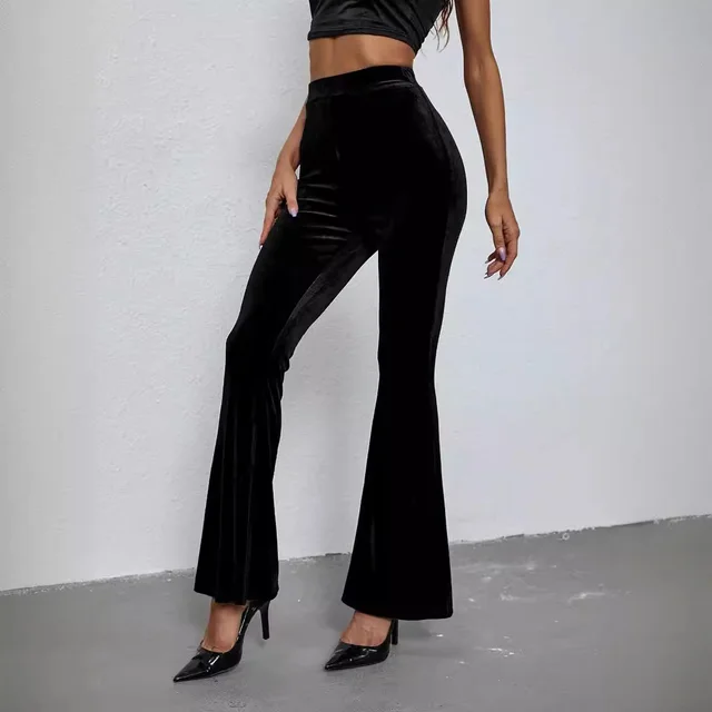 Women's Fashion Sexy Slim Solid Color High Waist Velvet Flared Pants Black - Shop at LoveMi