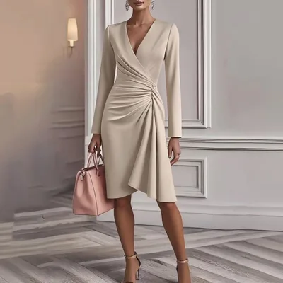 V Neck Folds Solid Color Slim fit Long Sleeve V pleated Design Dress Women's Office Commuter A line Midi Party Dresses Female Clothing Champagne S - Shop at LoveMi