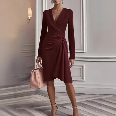 V Neck Folds Solid Color Slim fit Long Sleeve V pleated Design Dress Women's Office Commuter A line Midi Party Dresses Female Clothing Red - Shop at LoveMi