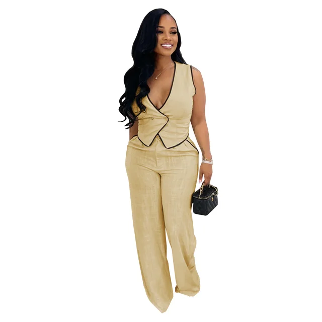 Casual V neck Button up Top And Pants Two piece Set Apricot - Shop at LoveMi
