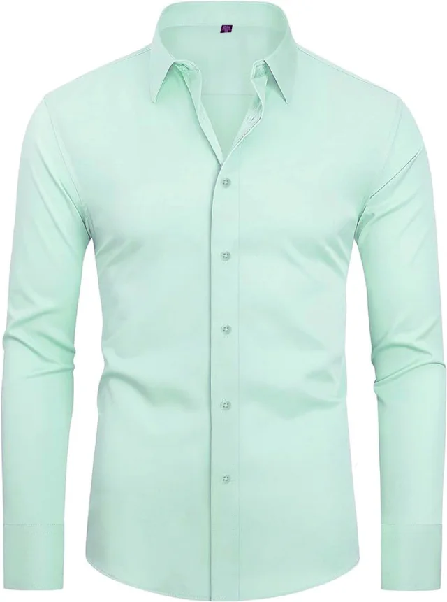 Men's Slim fit Long sleeve Solid Color Simple Business Casual Shirt Light Green - Shop at LoveMi