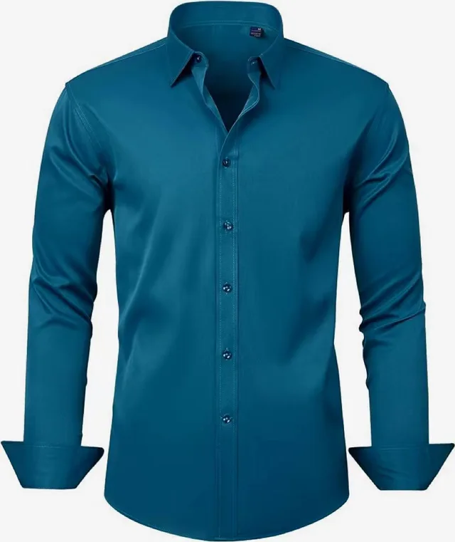 Men's Slim fit Long sleeve Solid Color Simple Business Casual Shirt Peacock Blue - Shop at LoveMi