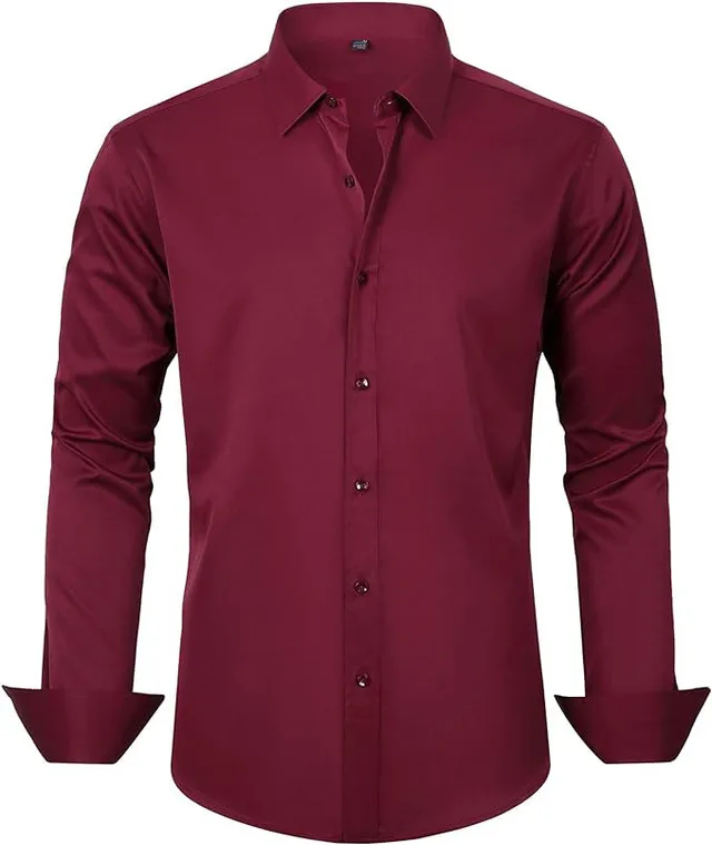 Men's Slim fit Long sleeve Solid Color Simple Business Casual Shirt Wine Red - Shop at LoveMi