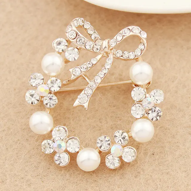 Pearl Rhinestone Bow Accessory Pin Brooch For Women B031 Round Pearl Bow - Shop at LoveMi