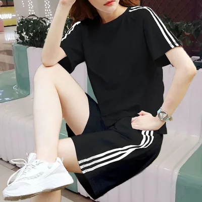 Casual Sportswomen Three stripe Loose Short Sleeve Shorts Two piece Set Black Suit - Shop at LoveMi