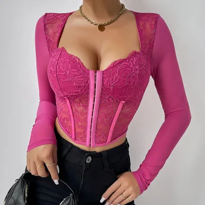 Women's Solid Color Lace Mesh Button up Corset V neck Top Glittering Powder L - Shop at LoveMi