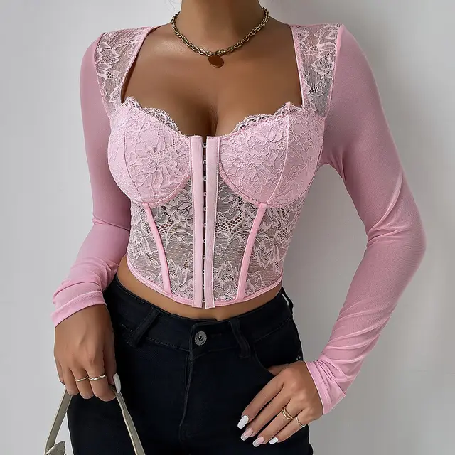 Women's Solid Color Lace Mesh Button up Corset V neck Top Pink - Shop at LoveMi