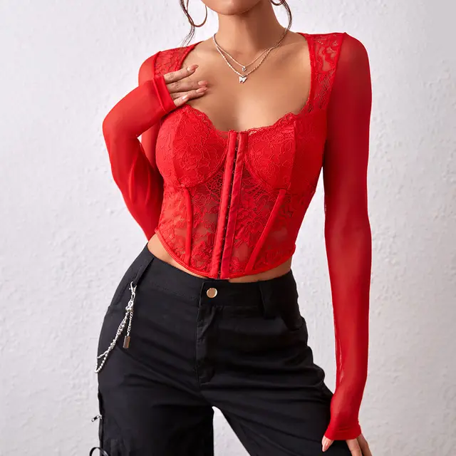 Women's Solid Color Lace Mesh Button up Corset V neck Top Red - Shop at LoveMi