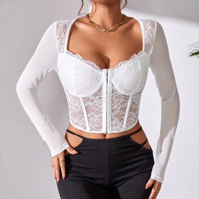 Women's Solid Color Lace Mesh Button up Corset V neck Top White - Shop at LoveMi
