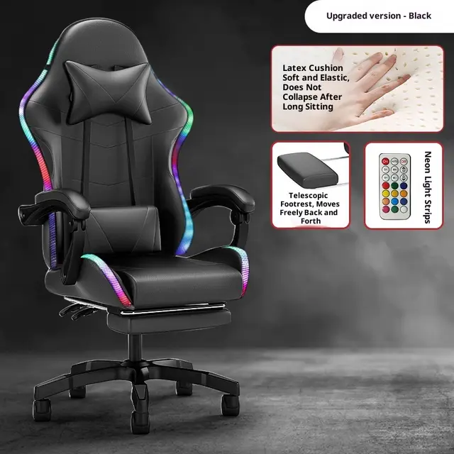 Adjustable Reclining Massage Computer Chair For Home Gaming All Black Footrest Lights - Shop at LoveMi