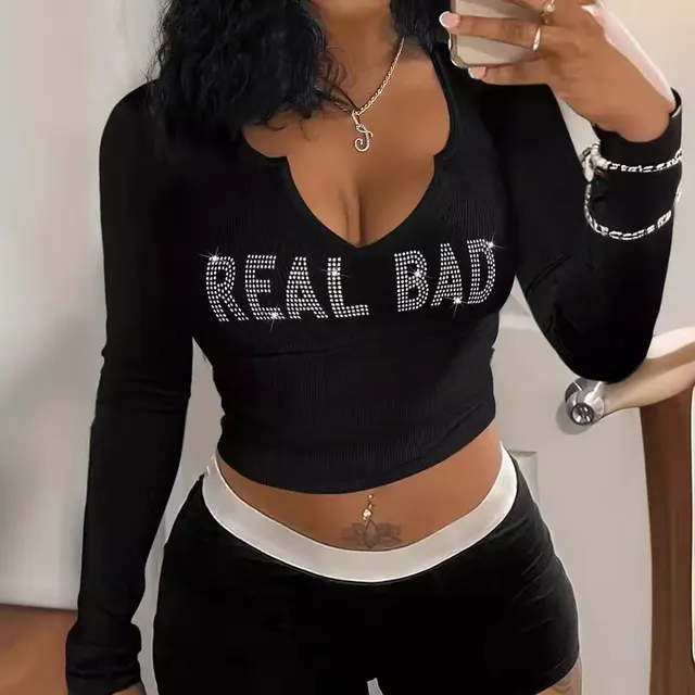 Crop Top Round Neck Long Sleeve Short Women's Black - Shop at LoveMi
