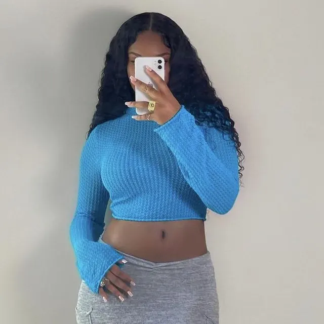 Women's Long sleeved Slim fit Crop Top Blue - Shop at LoveMi