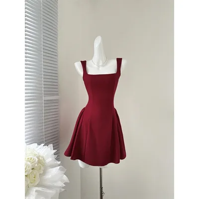 Niche Summer High waist Design Aesthetic Dress Wine Red Short Style - Shop at LoveMi