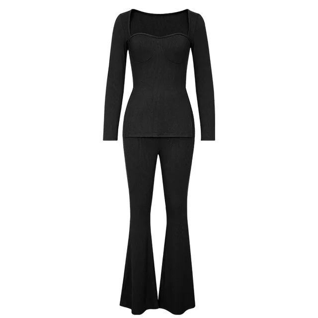 Backless Top And Long Pants Two piece Solid Color Set Black - Shop at LoveMi
