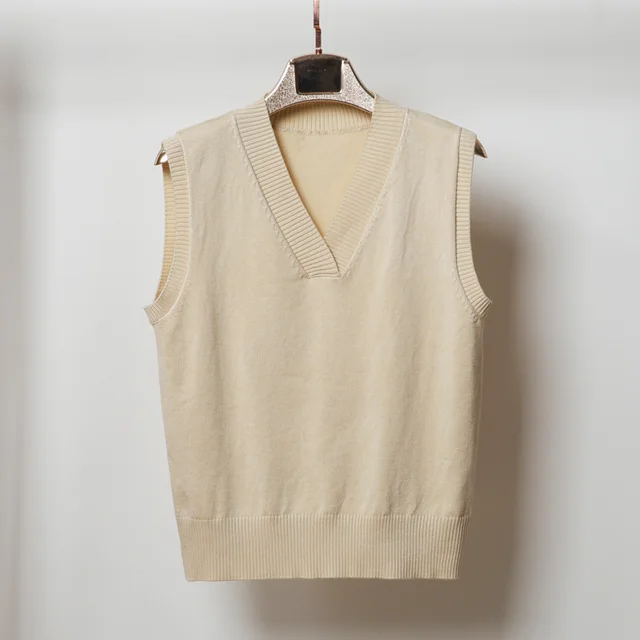 V neck Sleeveless Sweater Vest Women's Black Top Outerwear Thin Knitwear Apricot - Shop at LoveMi
