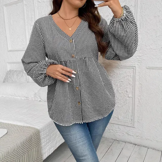 New Korean style Slim Waist V neck Long Sleeve Shirt Plaid - Shop at LoveMi