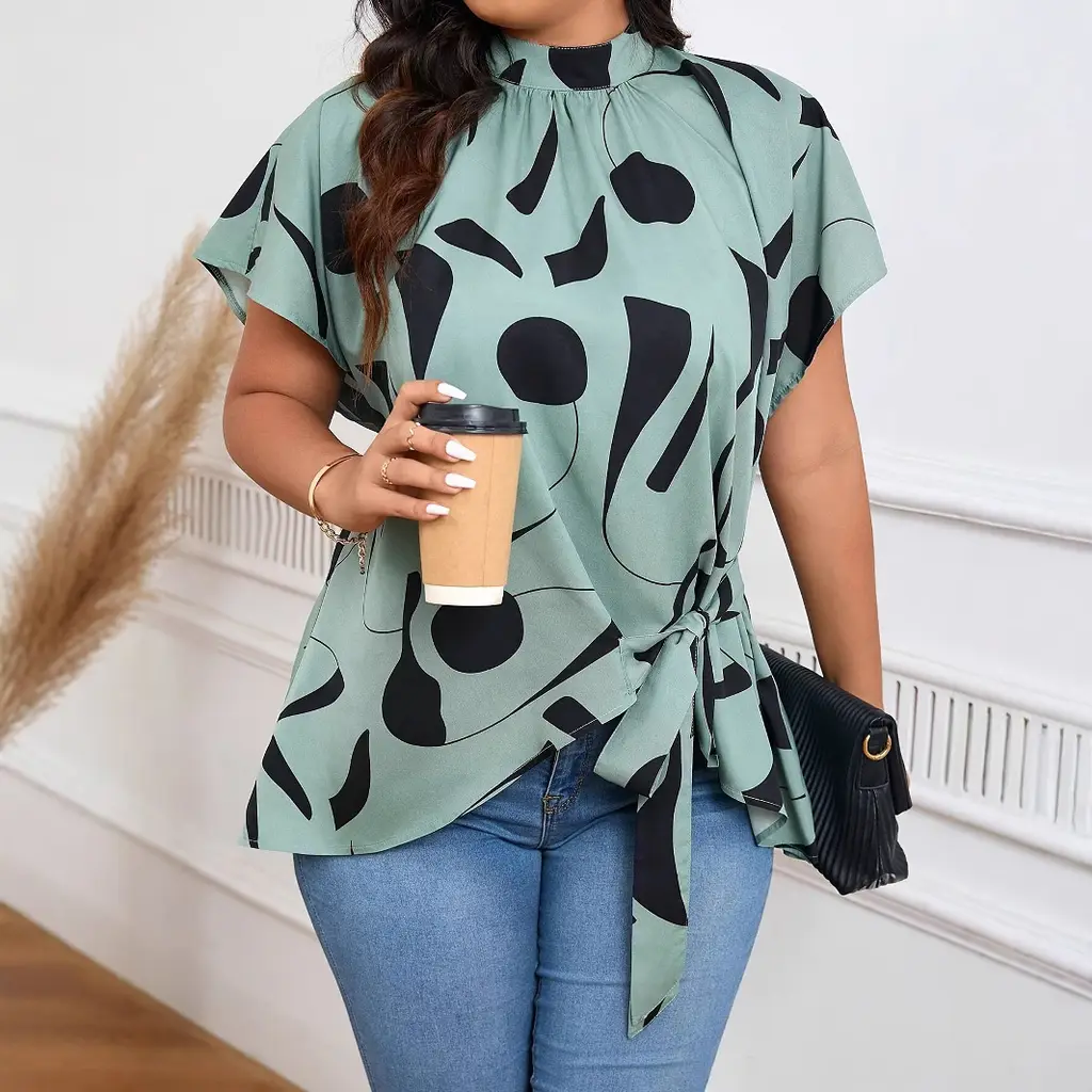 Fashion Women's Stand-up Collar Asymmetric Print Waist-tie Shirt - Color