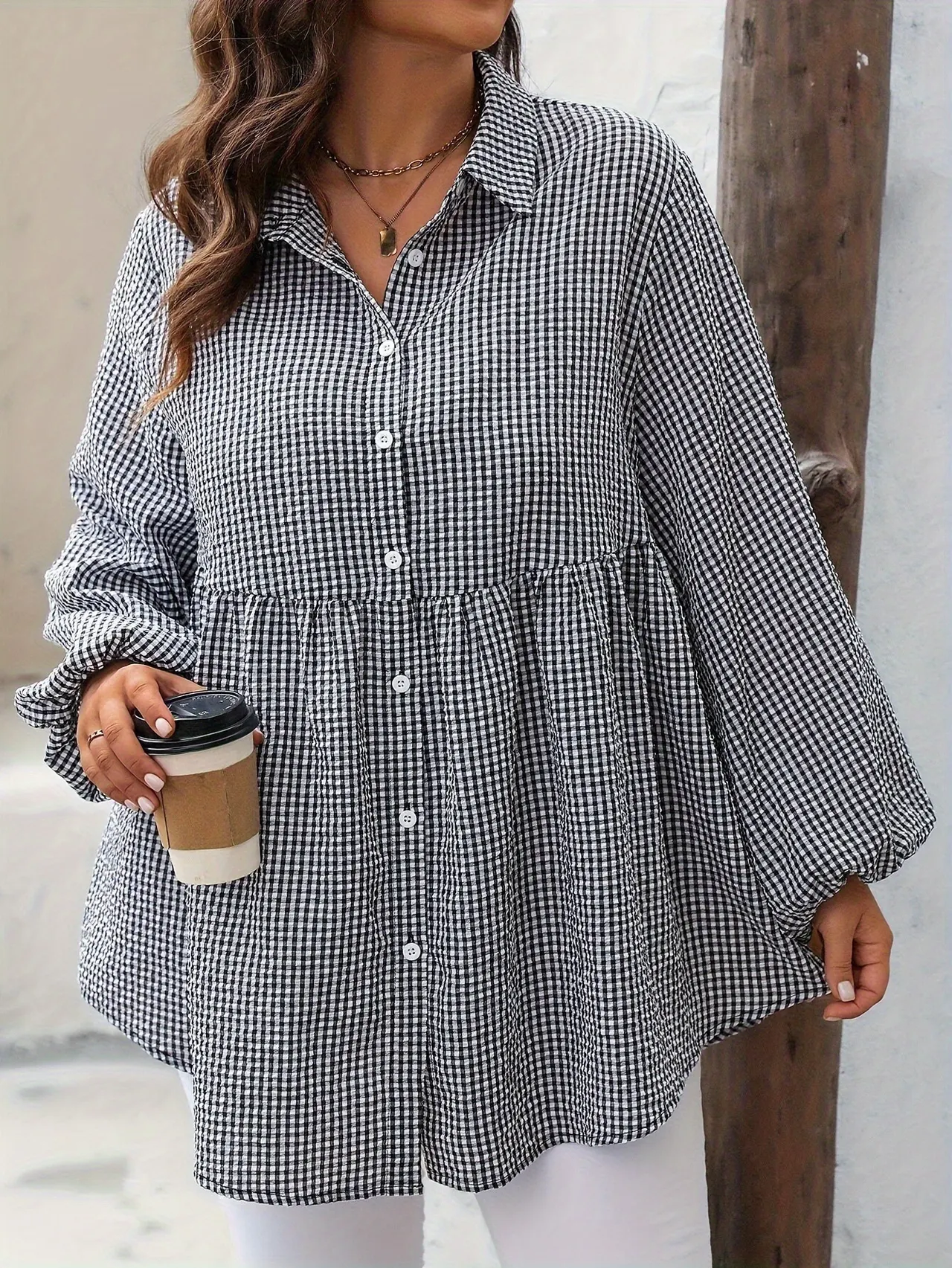 Autumn New Dress Checkered Ruffled Hem Blouse - View 1