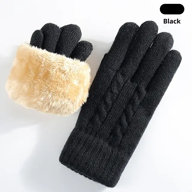 Double layer Fleece lined Warm And Cold proof Knitted Gloves Black - Shop at LoveMi
