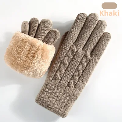 Double layer Fleece lined Warm And Cold proof Knitted Gloves Khaki - Shop at LoveMi