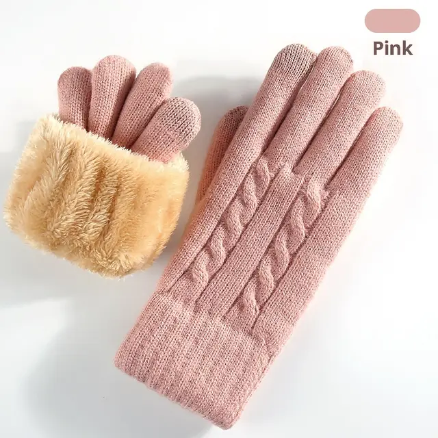 Double layer Fleece lined Warm And Cold proof Knitted Gloves Pink - Shop at LoveMi