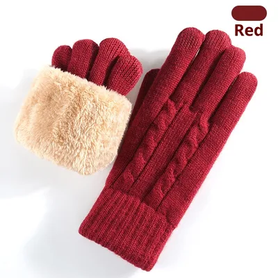 Double layer Fleece lined Warm And Cold proof Knitted Gloves Red - Shop at LoveMi