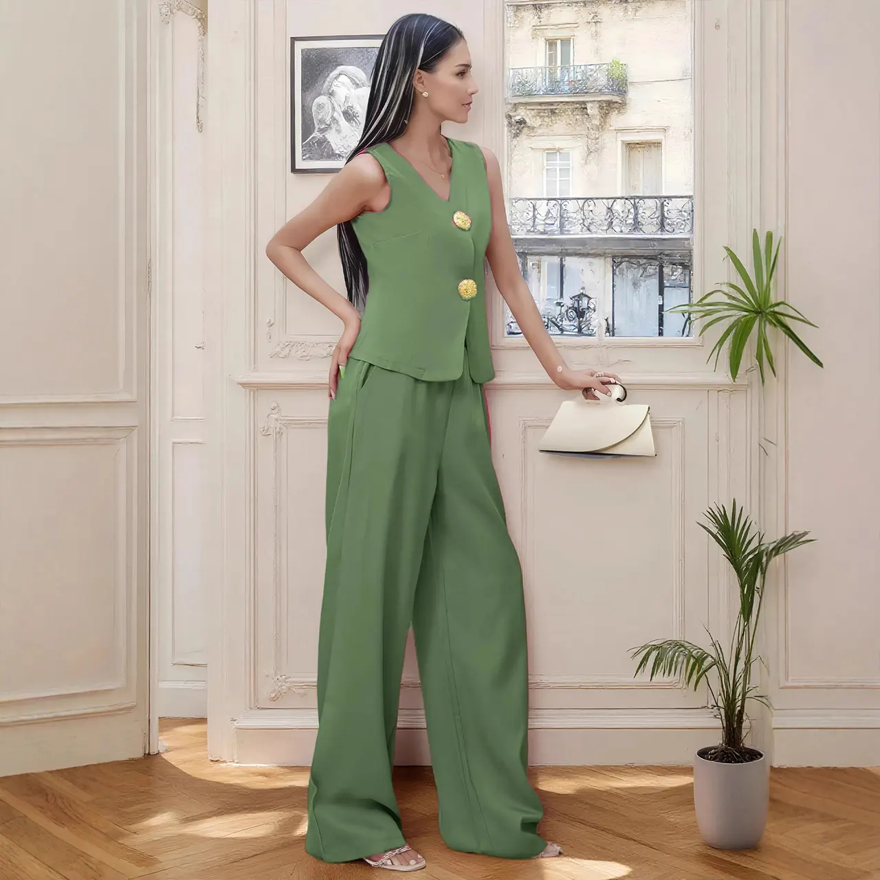 Women's Fashion Button Vest Pants Casual Two-Piece Set - Green