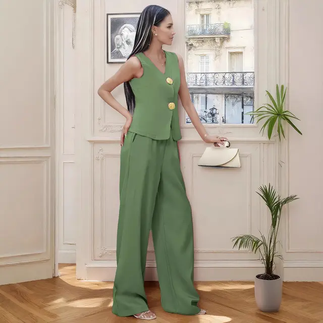 Women's Fashion Button Vest Pants Casual Two Piece Set Green - Shop at LoveMi