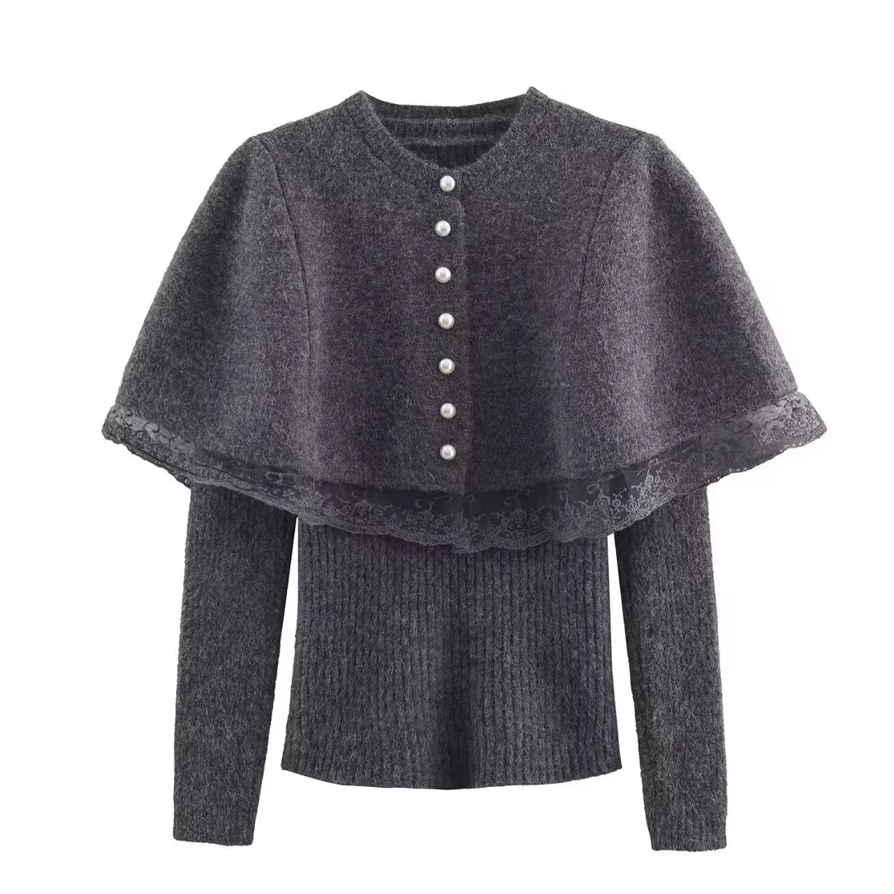 Lazy Style Women's Lace Trim Cape Knitwear - Gray
