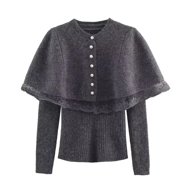 Lazy Style Women's Lace Trim Cape Knitwear Gray - Shop at LoveMi