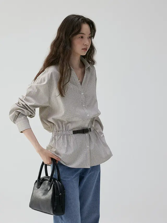 V neck Waist cinching Striped Loose Shirt For Women Gray - Shop at LoveMi