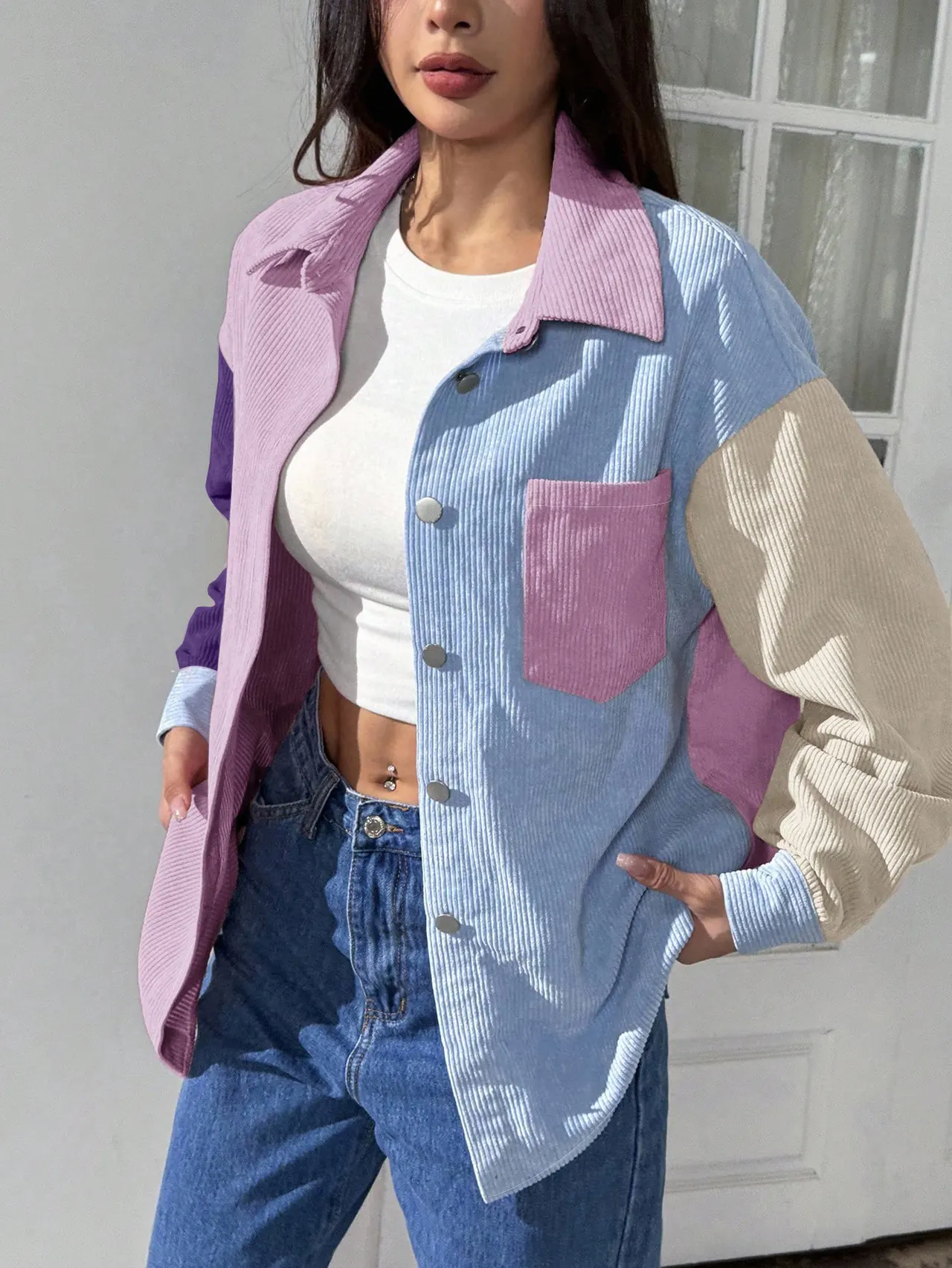 Commuting Style Linen-cotton Color Block Loose Fashionable Long Sleeve Shirt - Mixed Color