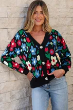 Black Floral Print V-neck Button Short Cardigan Sweater - Black